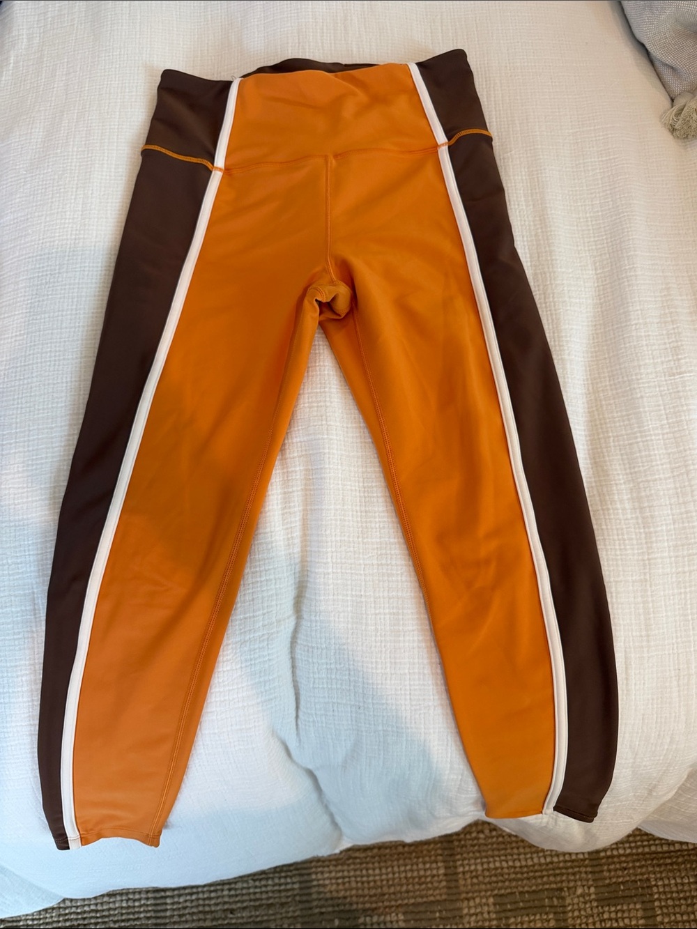 BCBG Orange and Brown Athletic Leggings with White Stripes